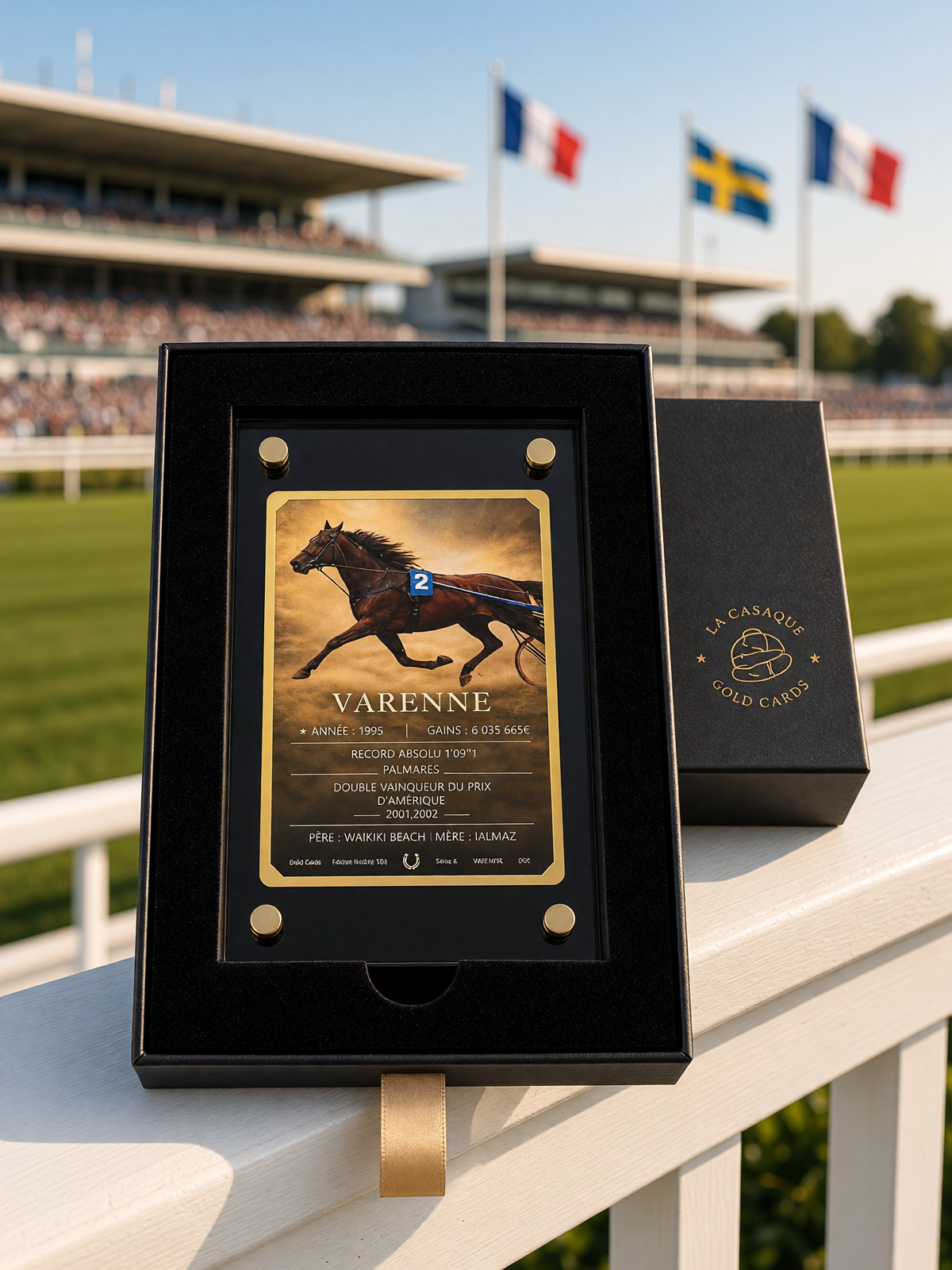 Gold Card Varenne dans son coffret sur la lisse blanche d'un hippodrome, tribune et drapeaux français et suédois en arrière-plan