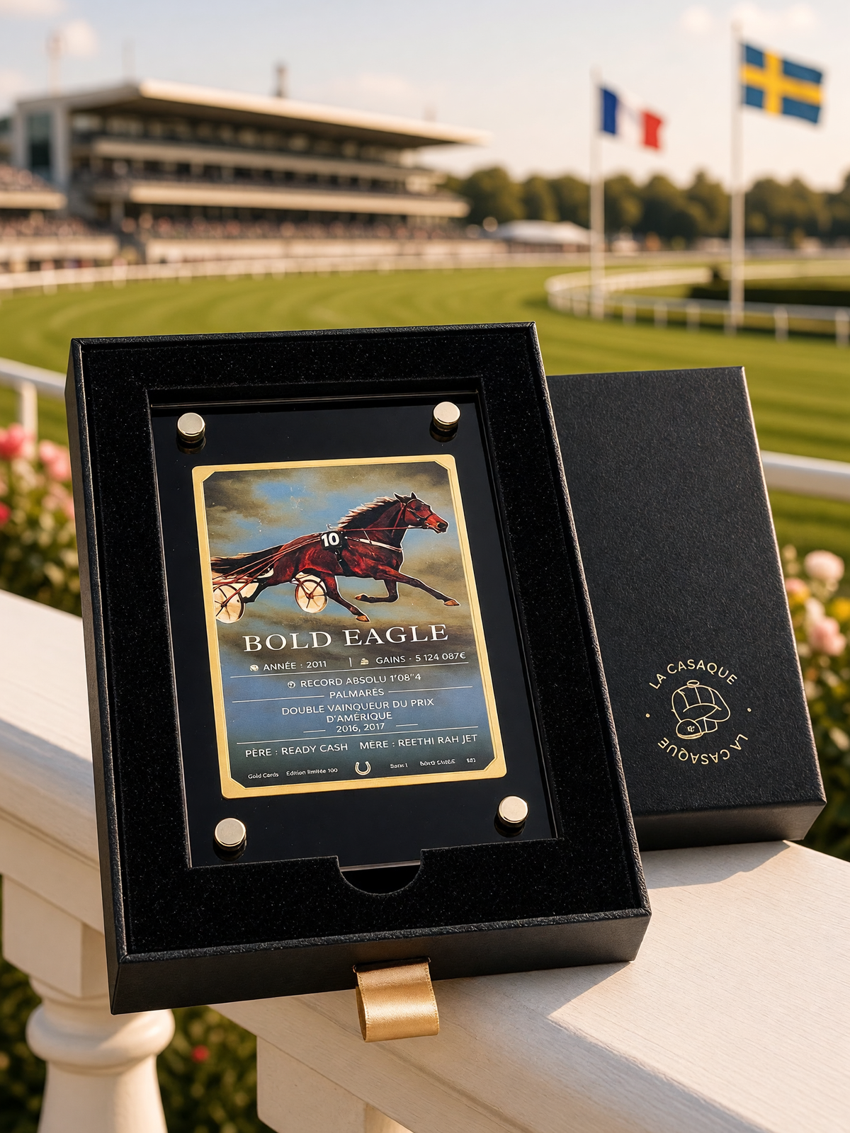 Gold Card Bold Eagle dans son coffret sur la lisse blanche d'un hippodrome, tribune et drapeaux français et suédois en arrière-plan