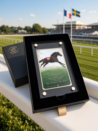 Gold Card Trêve dans son coffret sur la lisse blanche d'un hippodrome, tribune et drapeaux français et suédois en arrière-plan