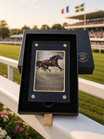 Gold Card Face Time Bourbon dans son coffret sur la lisse blanche d'un hippodrome, tribune et drapeaux français et suédois en arrière-plan