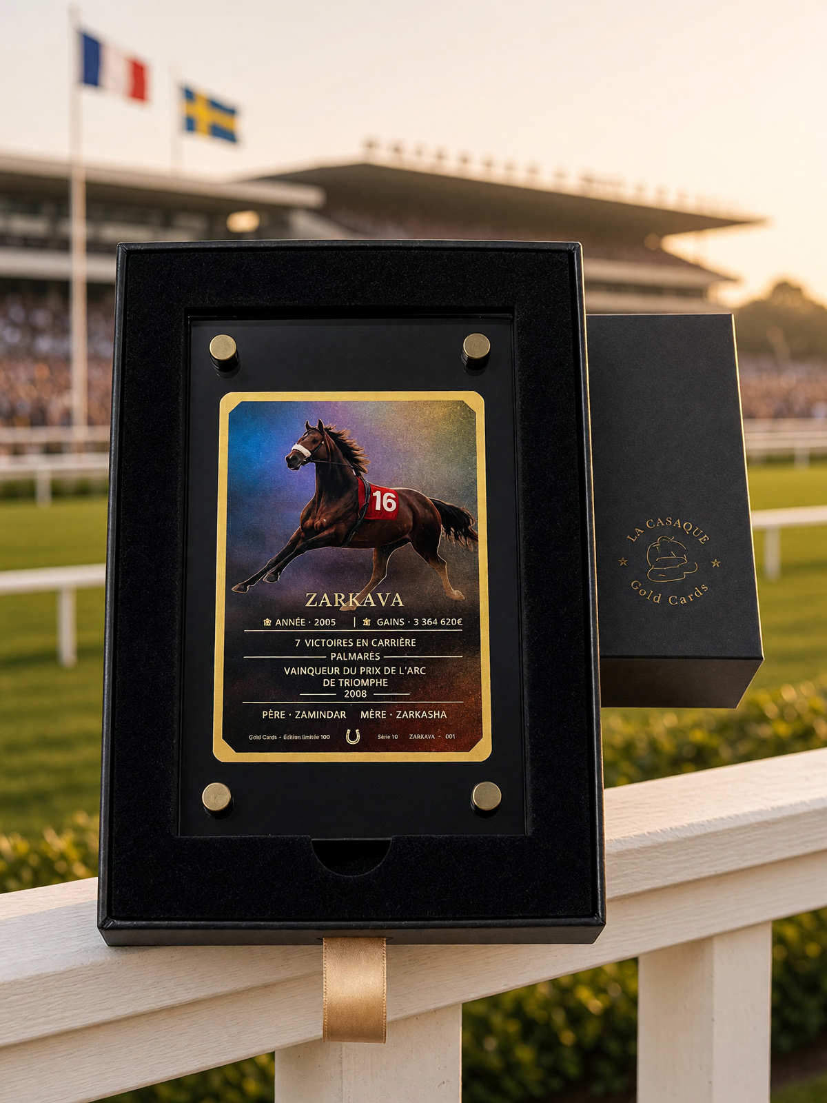 Gold Card Zarkava dans son coffret sur la lisse blanche d'un hippodrome, tribune et drapeaux français et suédois en arrière-plan