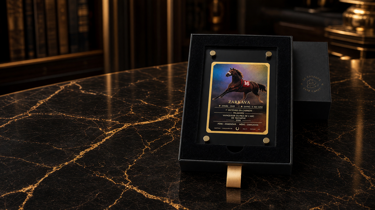 Gold Card Zarkava dans son écrin, posée sur une table en marbre noir